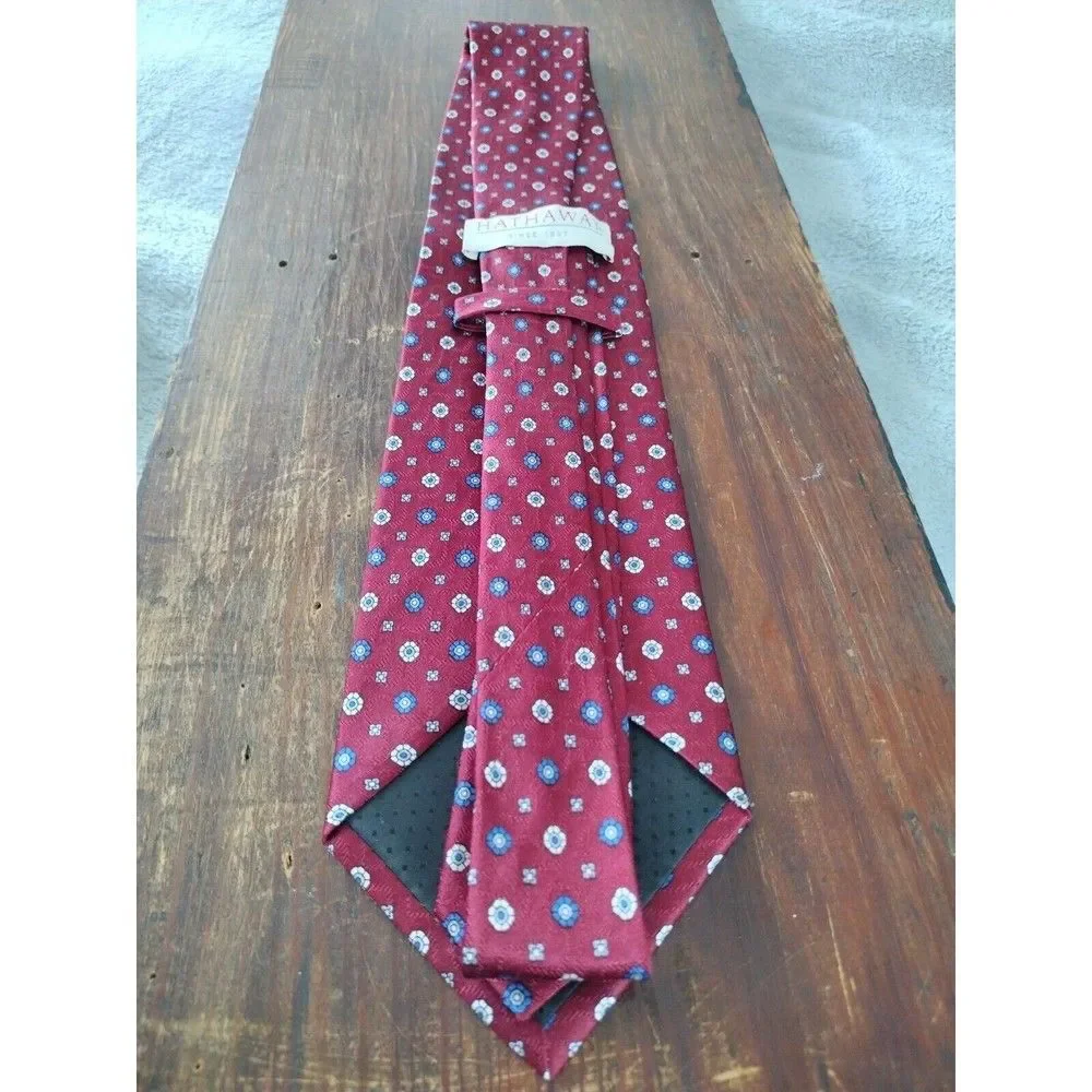 100% Silk Tie Necktie Mini Floral Vintage Hathaway Men's Red Blue White